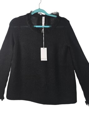 Amadi Black Mohair Blend Sweater XS Fringe Trim Lightweight Knit Pullover